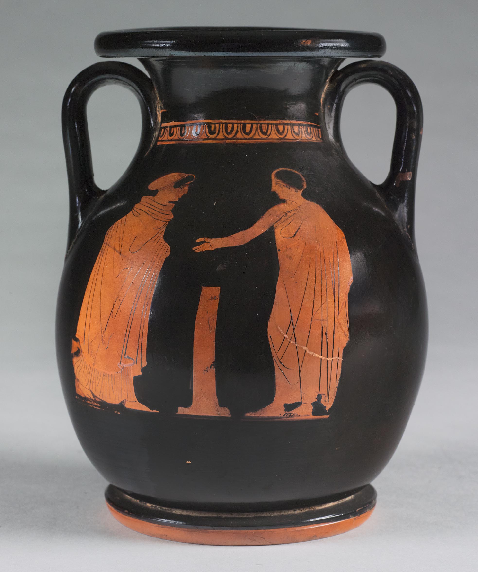 One view of a vase, the body depicting a male youth and a woman