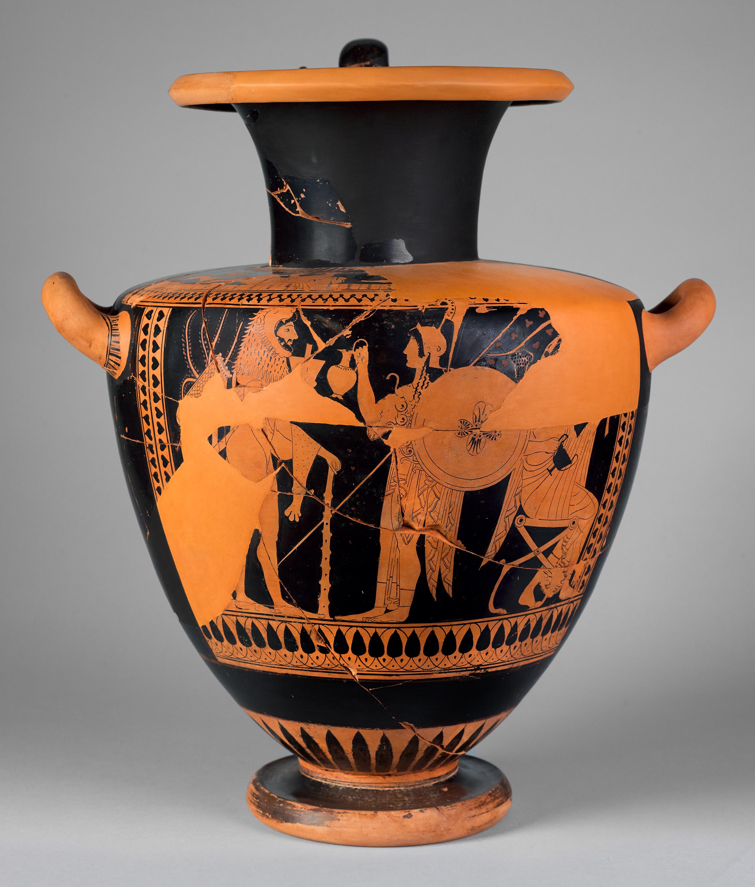 One view of a vase, the body depicting Herakles, Athena, and Dionysos